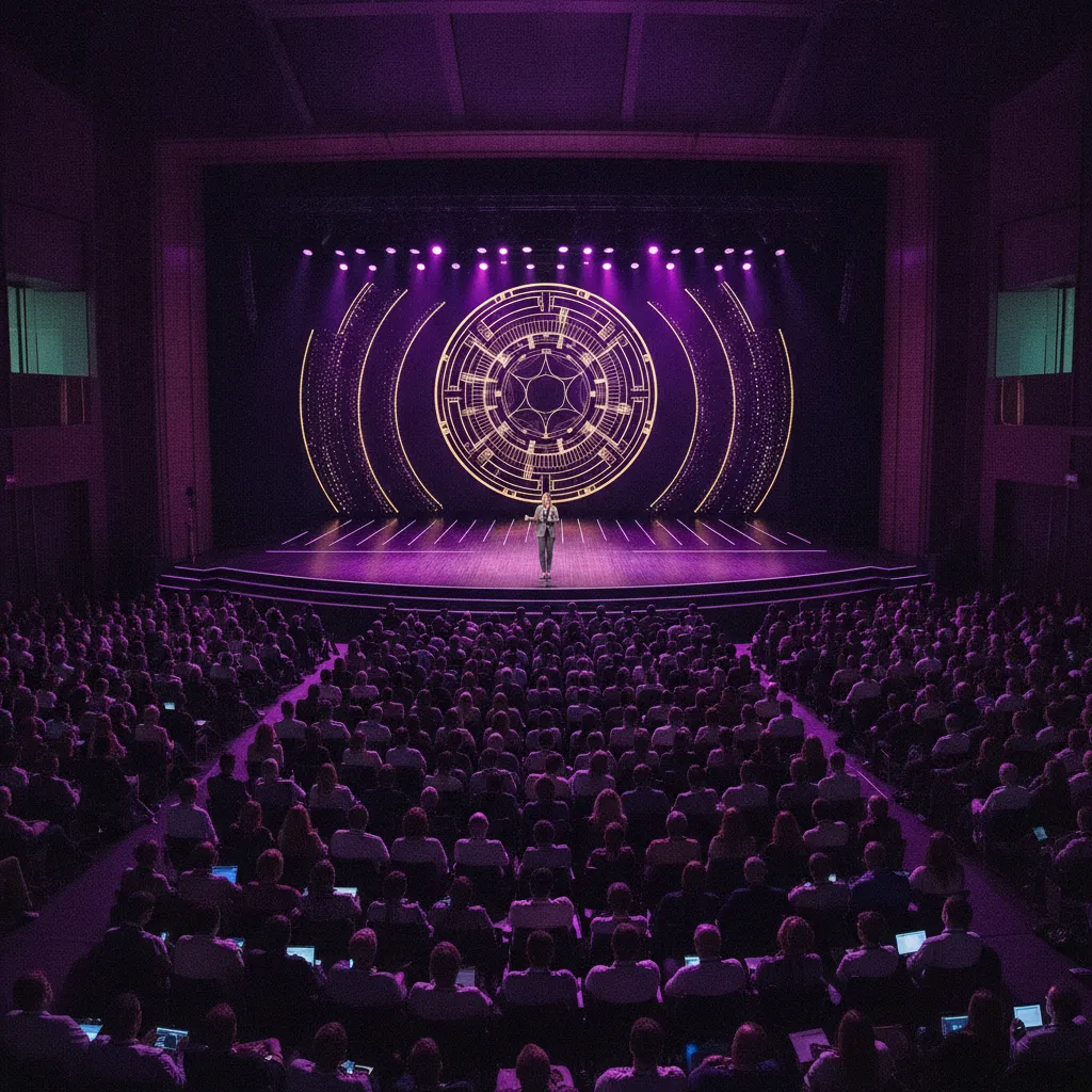 Palco principal iluminado durante palestra da conferência Vértice
